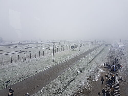 Foto: Blick vom Wachturm auf das Gelände des ehemaligen Lagers Auschwitz-Birkenau (Foto: Leroy Köhler)